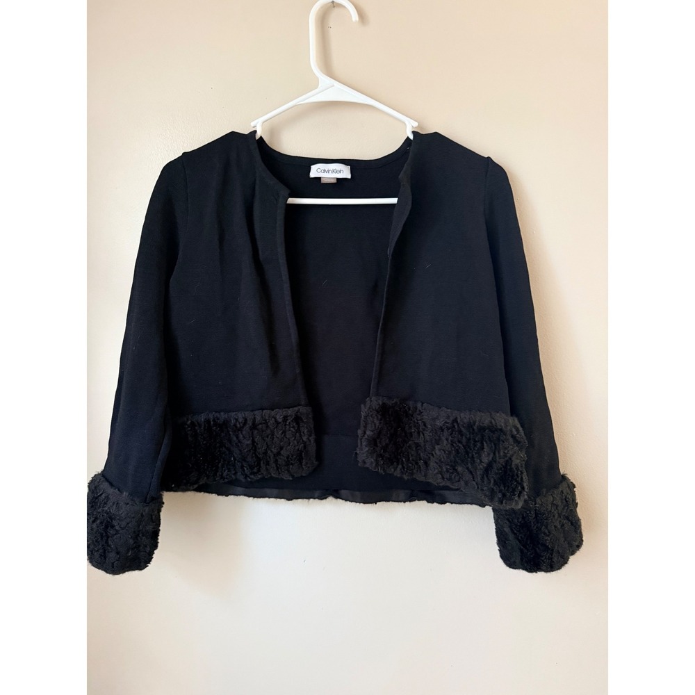 Calvin Klein Black‎ Cropped Faux Fur Trim Sweater Womens M Glam Holiday Winter